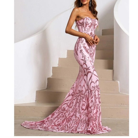 Luxe Pink Sequin Strapless Evening Prom Formal Wedding Dress - Picture 4 of 6